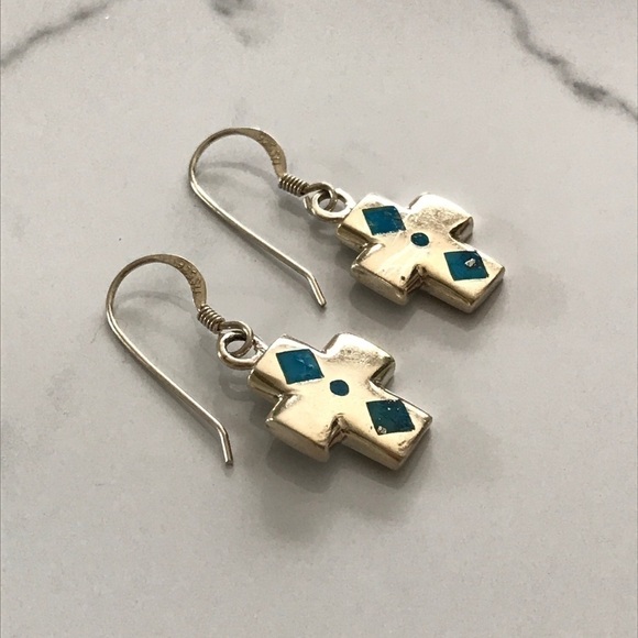 Vintage Sterling Turquoise Cross Earrings - Picture 3 of 7